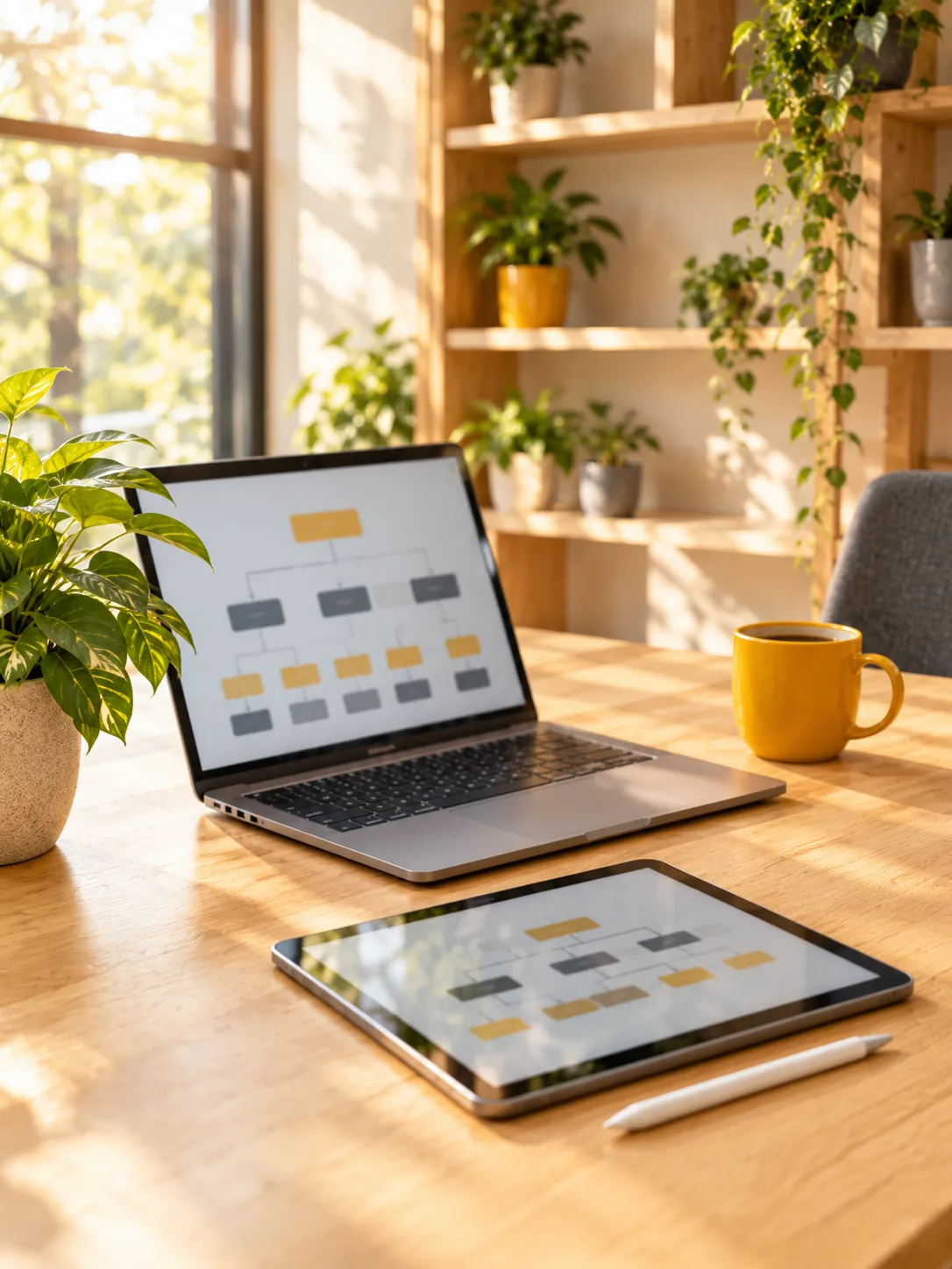 Aufgeräumter Schreibtisch mit Laptop und Tablet, ohne Papier
