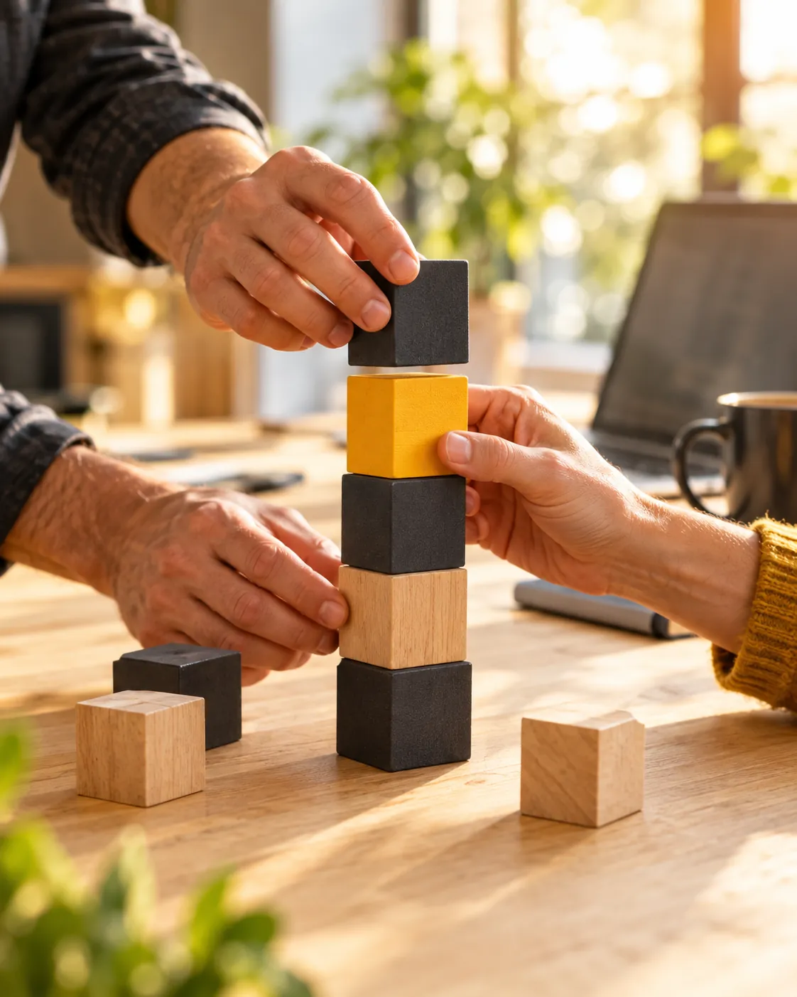 Zwei Paar Hände stapeln gemeinsam Holzbausteine zu einem Turm