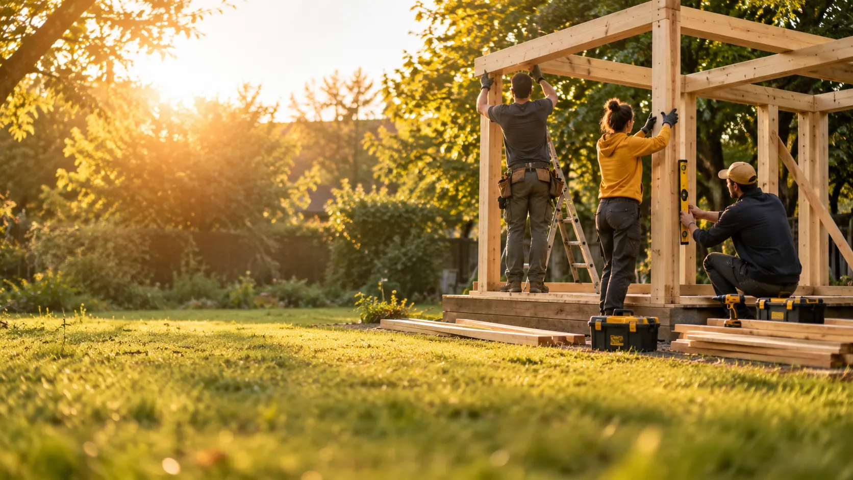 Drei Erwachsene bauen gemeinsam das Holzgerüst eines Pavillons im Abendlicht