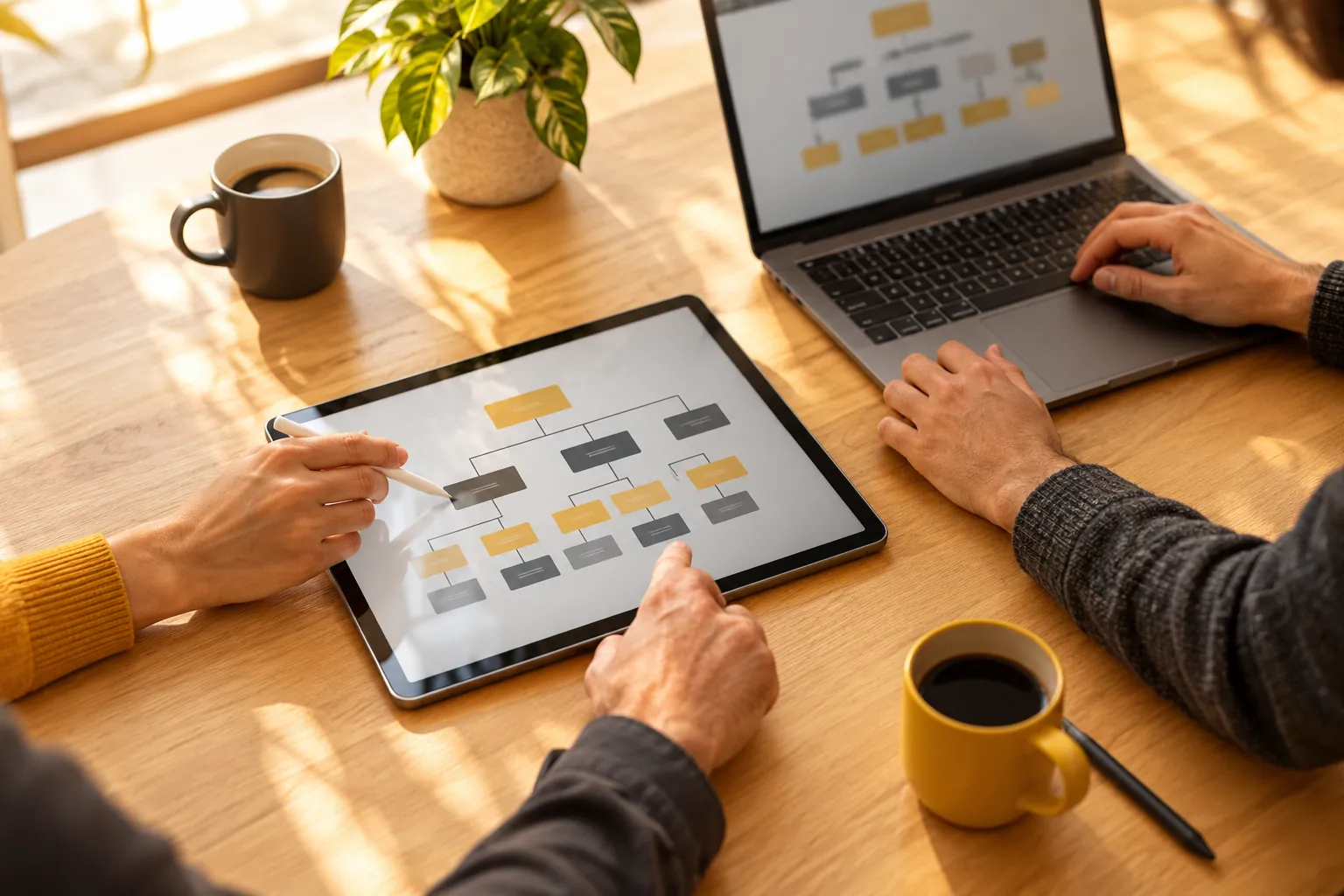 Hände arbeiten an einem digitalen Organigramm auf Tablet und Laptop