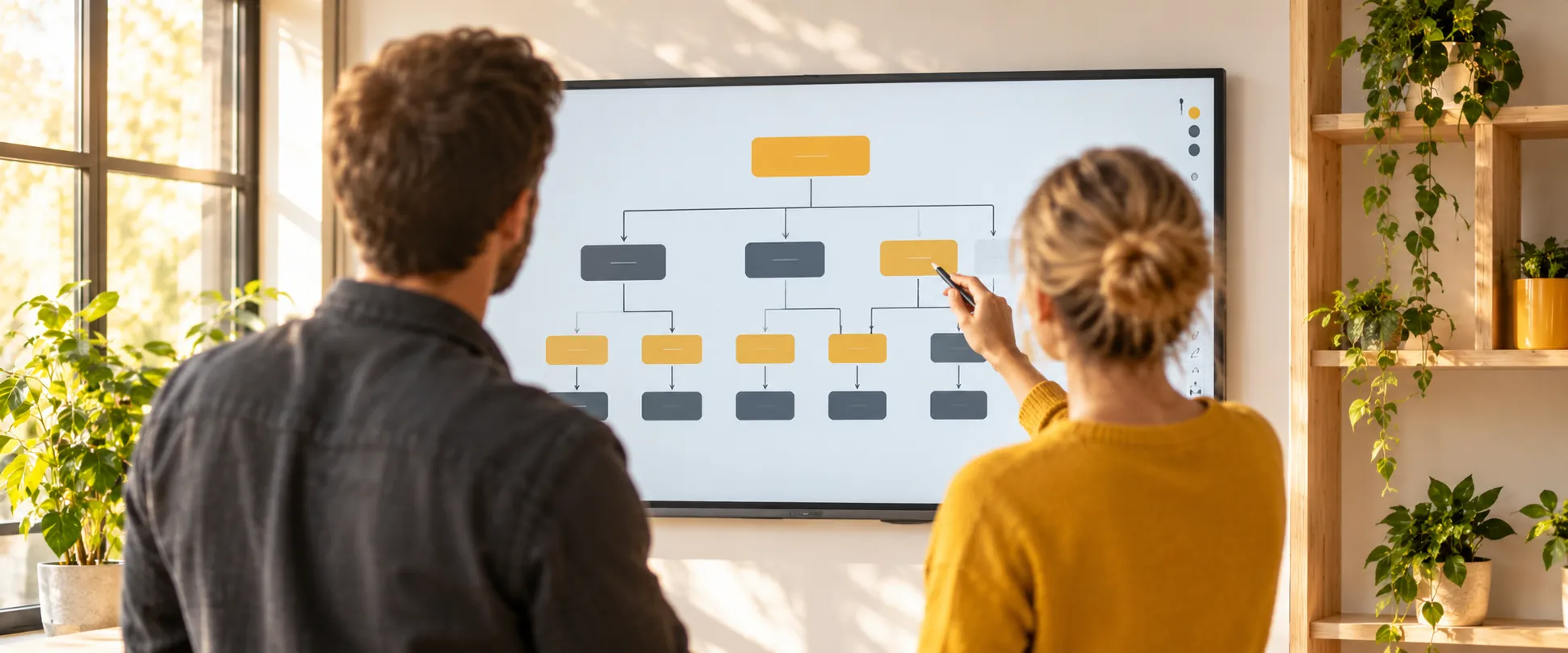 Zwei Personen besprechen ein Organigramm an einem digitalen Whiteboard